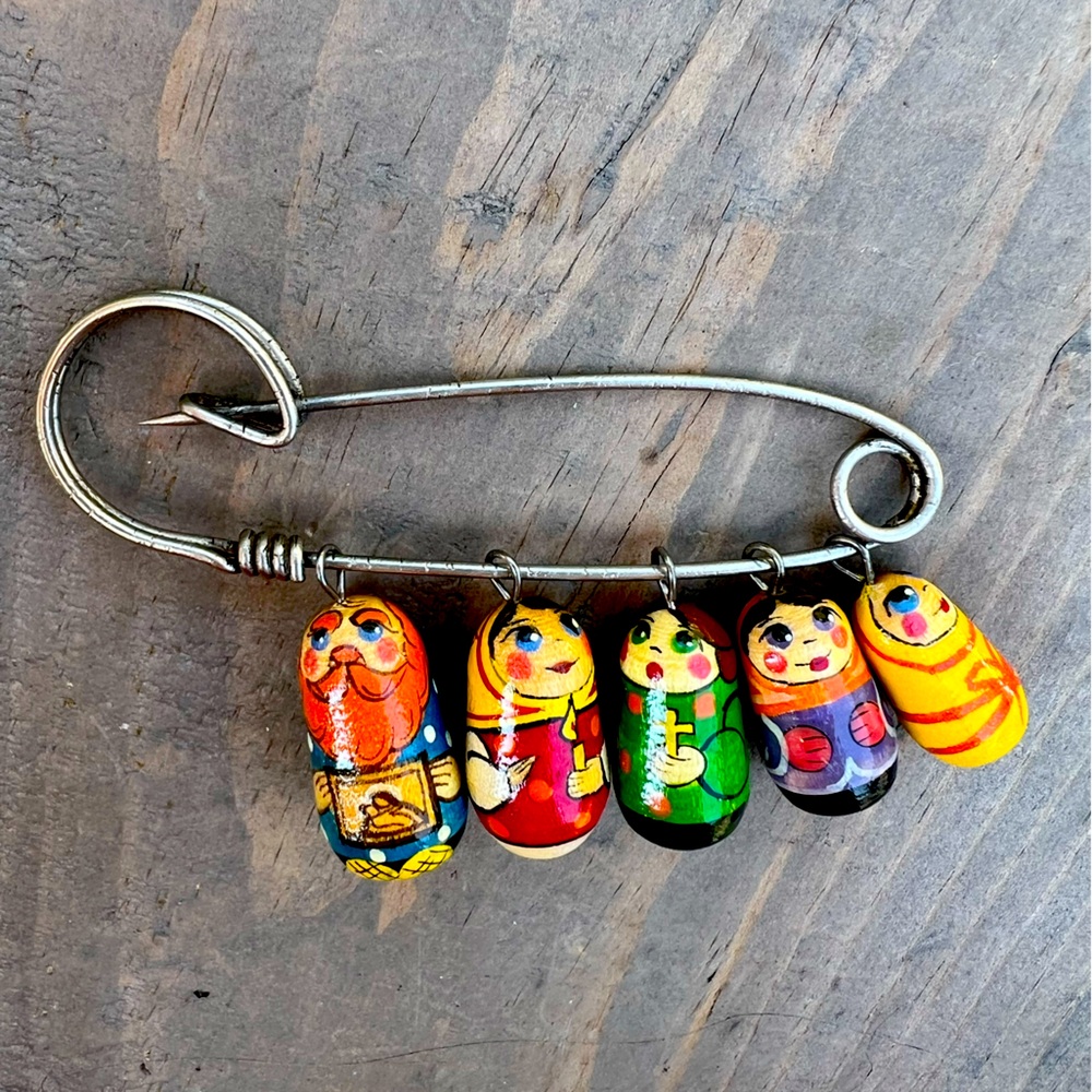 Handcrafted Russian Doll Brooch with Colorful Charms